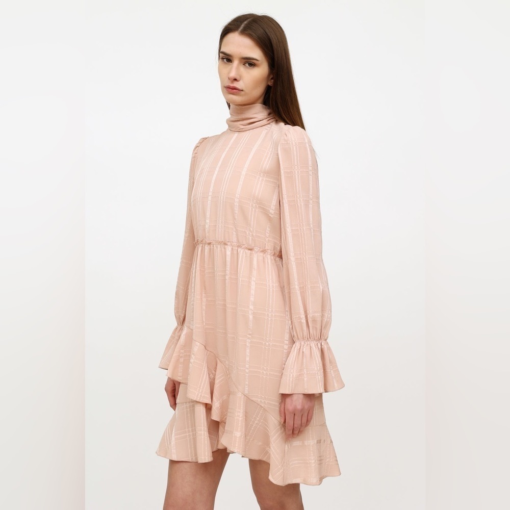 See By Chloè Georgette Check Ascot Tie Ruffle Flouncy Dress Smoky Pink - Picture 4 of 14